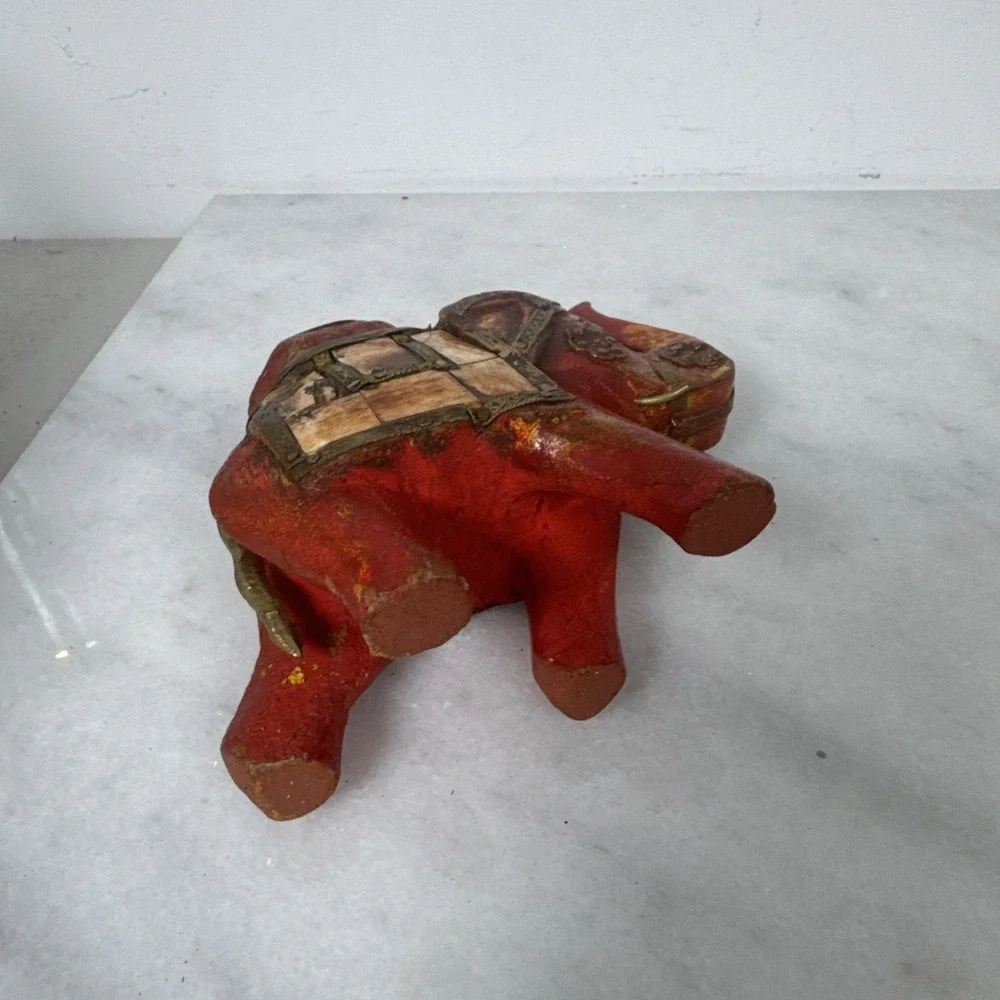 Vintage Beautiful Wood Elephant Nicely Decorated w/ Tiles & Brass